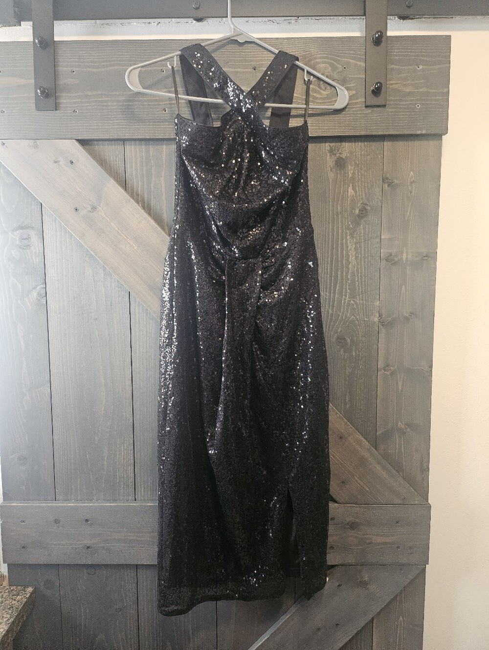 Black Sequin Cross-Front Evening Dress